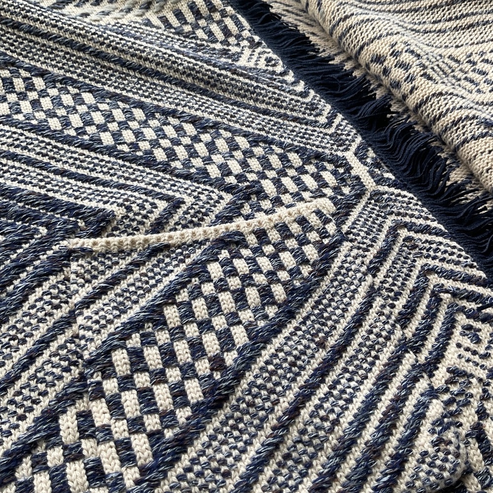 Lucky Brand Open Front Cardigan Women Medium Blue Cream Woven Fringe Aztec - Picture 8 of 16
